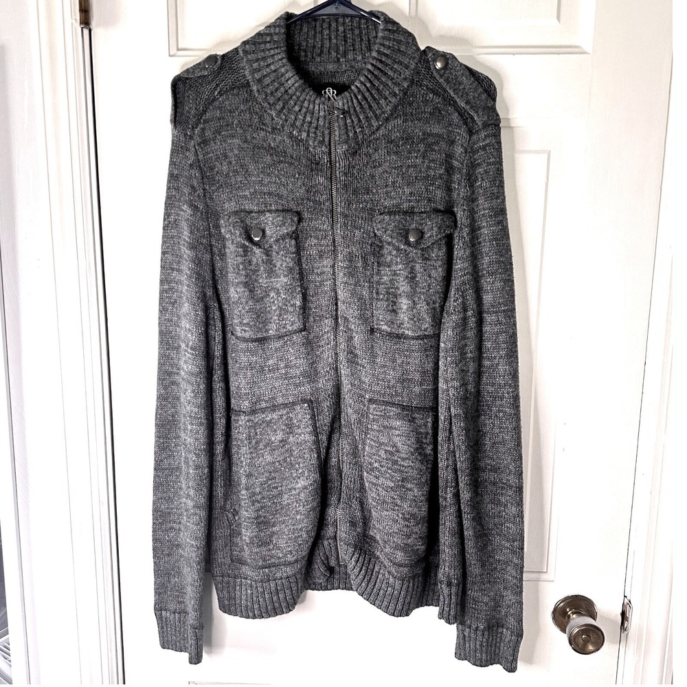 Rock & Republic Full Zip‎ Sweater Jacket Knit Military Gray Mens Large